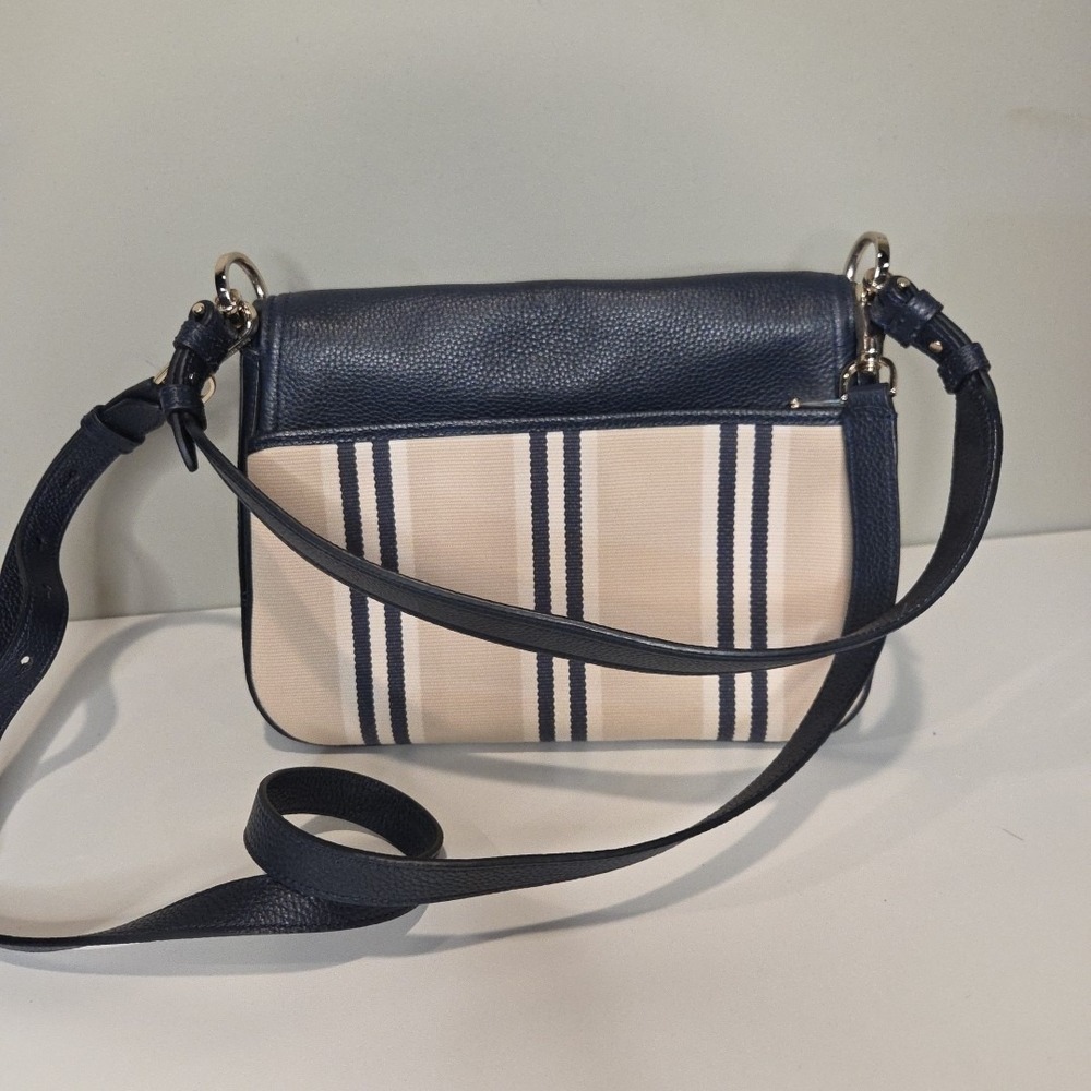 Kate Spade New York Crossbody Bag Navy Blue Leather Striped Canvas Flap Handbag - Picture 3 of 8